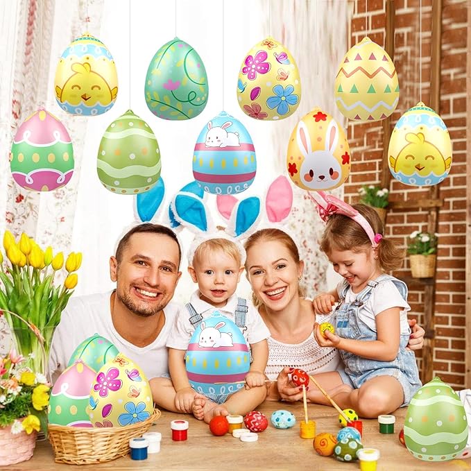 16 PCS 9 Inch Easter Egg Inflatable Balloons Hanging Inflatable Easter Balloons Colorful Inflatable Egg Decorations for Yard Garden Holiday Party Home Decor
