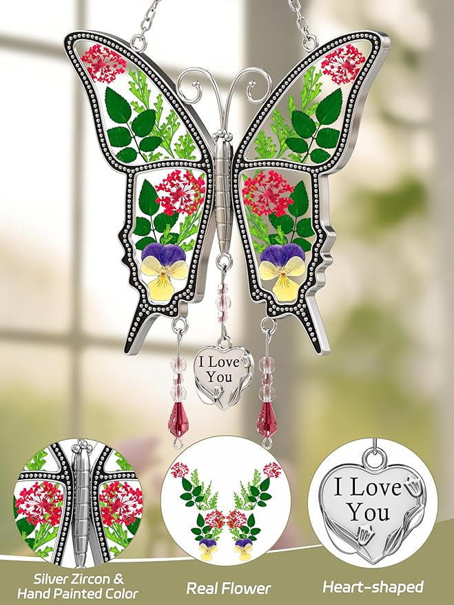 KY&BOSAM Butterfly Suncatcher I Love You Stained Glass for Windows Hangings Wind Chimes with Pressed Flower and Metal Heart Charm for Mom Birthday Valentines Day Decor