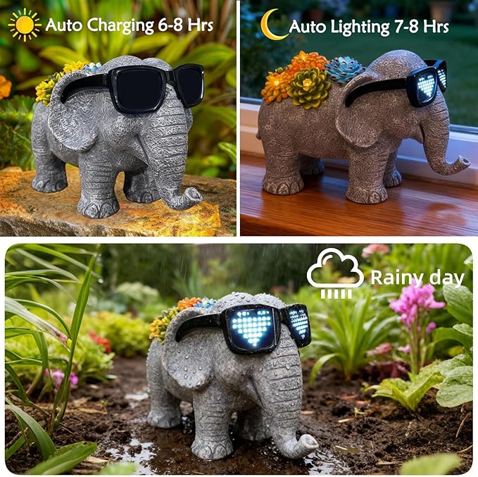 Solar Garden Outdoor Statues Elephant with Succulent and LED Lights –Outdoor Decor Ornament for Patio, Backyard, or Lawn – Gifts for Mom Grandma(9.06" D x 5.31" W x 5.71" H)