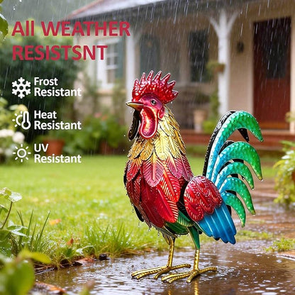 Natelf Metal Rooster Garden Statue Decor, Chicken Yard Art Standing Sculpture Lawn Ornament for Patio, Backyard, Kitchen, Home Decoration (red)