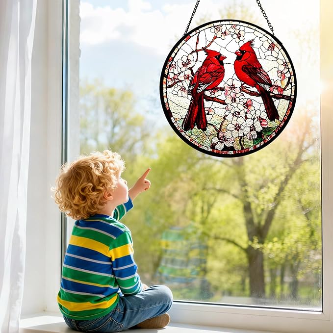 Cardinal Stained Glass Window Hanging Sun Catcher Glass Panel with Metal Chain and Hook Suncatcher Indoor Window Decor Home Garden Decoration Gift for Bird Lovers Women Mother's Day Christmas