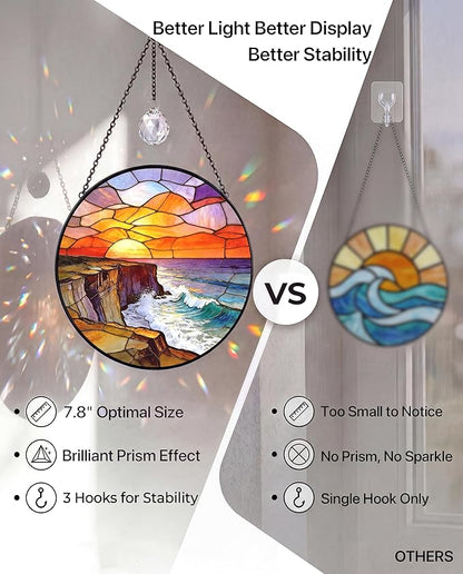 Stained Glass Window Hanging Sun Catcher, 7.8 Inch Ocean Wave Sunrise Suncatcher for Windows Home Decor, Sun Catchers Indoor Window Decoration, Birthday Gifts for Women and Mom