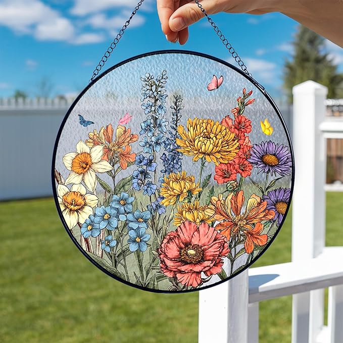 NAZENTI Personalized Stained Glass Window Hanging Suncatcher for Mother's Day, Custom Family Birth Flowers Glass Suncatcher, Gifts for Grandma, Personalized Mom's Garden Gift