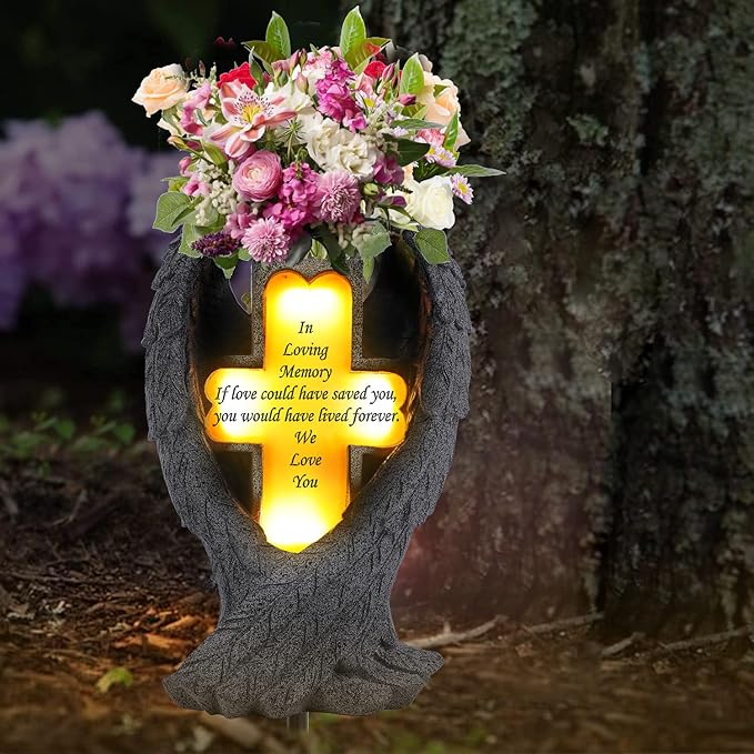 Angel Wings and Cross Solar Light CemeteryDecorations, Cemetery Decorations,Garden Solar Vase Decorations,Gift for Lost Lovers Ones (Grey)