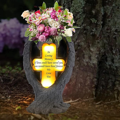 Angel Wings and Cross Solar Light CemeteryDecorations, Cemetery Decorations,Garden Solar Vase Decorations,Gift for Lost Lovers Ones (Grey)
