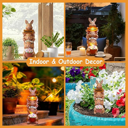 Solar Bunny Statues Outdoor Decor, Garden Sculptures with Welcome Sign Funny Rabbit Figurines for Yard Art Lawn Ornaments Porch Patio Balcony - Birthday Gifts for Women Mom Grandma