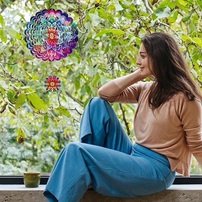 Rngmsi Mandala Wind Spinners Outdoor Garden Decor for Outside, 3D Metal Wind Spinner Hanging Decor Kinetic Art for Yard, 12 Inches Stainless Steel Hanging Mandala Gifts for Women