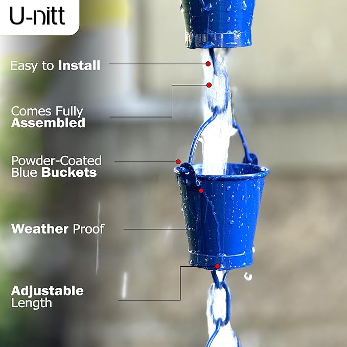 U-nitt Rain Chain Water Collection for Gutters Rainwater Catcher & Diverter, 8.5 FT Chains for Outside Garden, Blue Bucket Cups, Roof Downspout, Works with Heavy Rain, w/Gutter Clip for Rainchains