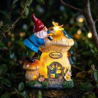 Garden Gnome Statues Figurine Lights - Solar Powered Lighting Outdoor Decorations, Gnome Build Mushroom Fairy House, Yard Art Lawn Ornaments for Porch Patio Balcony - Gnome Gifts for Women Mom