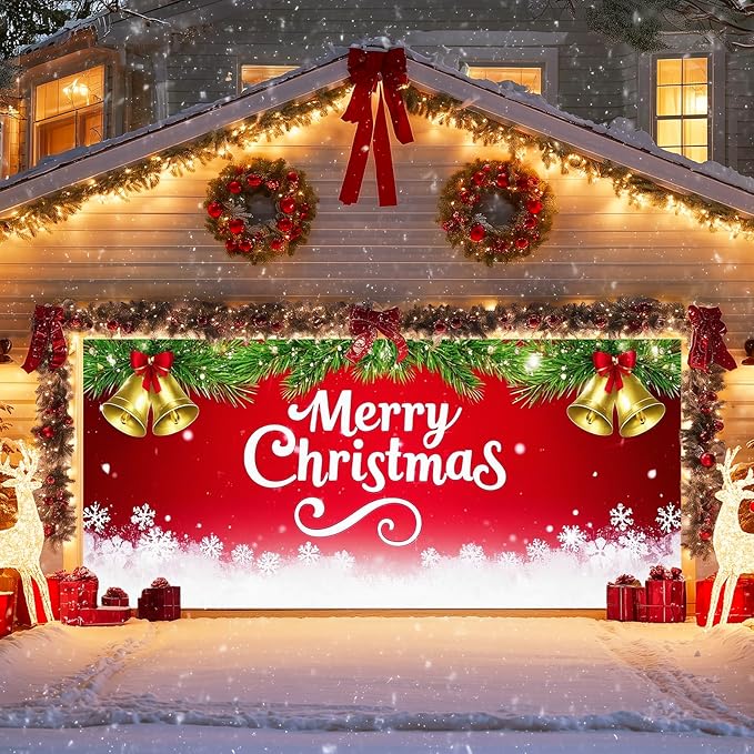 IVN Merry Christmas Happy New Year Garage Door Banner 13x6 ft Christmas Garage Door Cover Wnter Scene Background Indoor Outdoor Red Bells Bows Snowflake Pine Holiday Decorations for Home and Events Wall Backdrop Decor