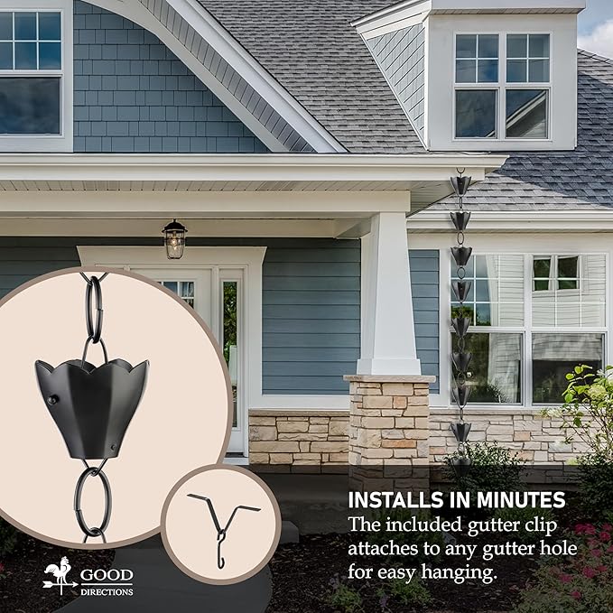 13 Cup Tulip Black Aluminum 8.5 ft. Rain Chain with Gutter Installation Clip by Good Directions
