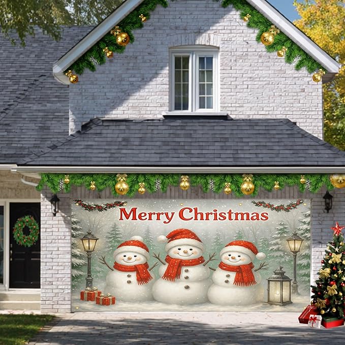 HOMETITUTE 13x6ft Christmas Garage Door Banner Snowman Banner Christmas Backdrop Outdoor Indoor Xmas Garage Door Cover Large Holiday Wall Backdrop for Yard Porch Seasonal Decoration