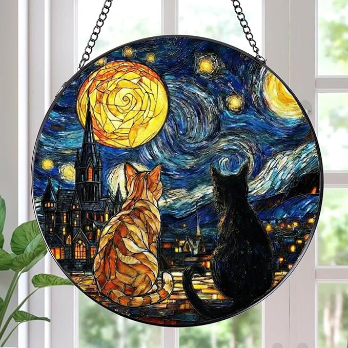 Rngmsi Stained Glass Window Hanging, 7.8″ Cat Oil Painting Sun Catchers with Hook Indoor Window Decor, Decorative Suncatchers Hanging Ornaments Home Garden Art Gift for Housewarming