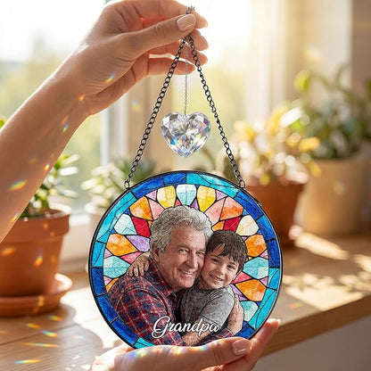 Personalized Grandma Stained Glass Windows Hanging, Family Picture Suncatcher Ornament, Custom Mothers Day Photo Gift from Grandkids, Birthday Grandparents Mom Gifts