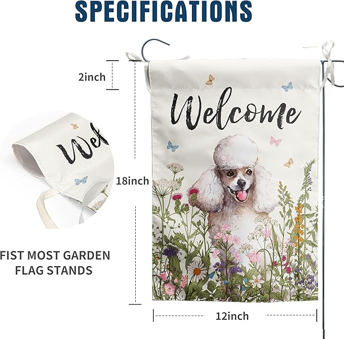 Spring Summer Garden Flag Floral Poodle Yard Flag Flower Dog Garden Flags for Outside Small Outdoor Welcome Flags 12x18 Double Sided