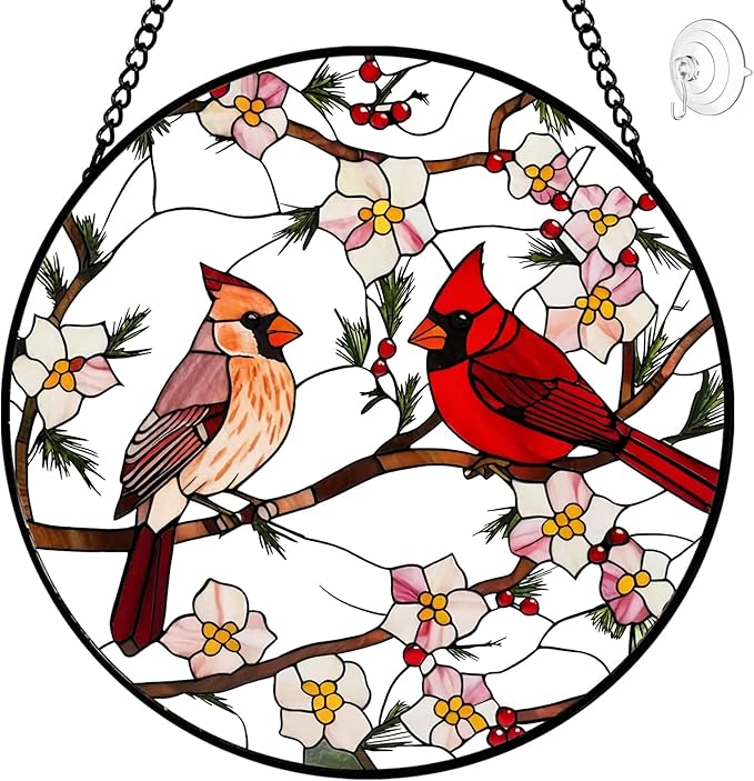Cardinal Stained Glass Suncatcher Window Hanging - 8″ Handmade Red Bird Suncatchers for Windows Hanging - Sun Catchers Indoor Wall Decor Glass Panel with Hook -Cardinal Gift for Women Mom Bird Lovers