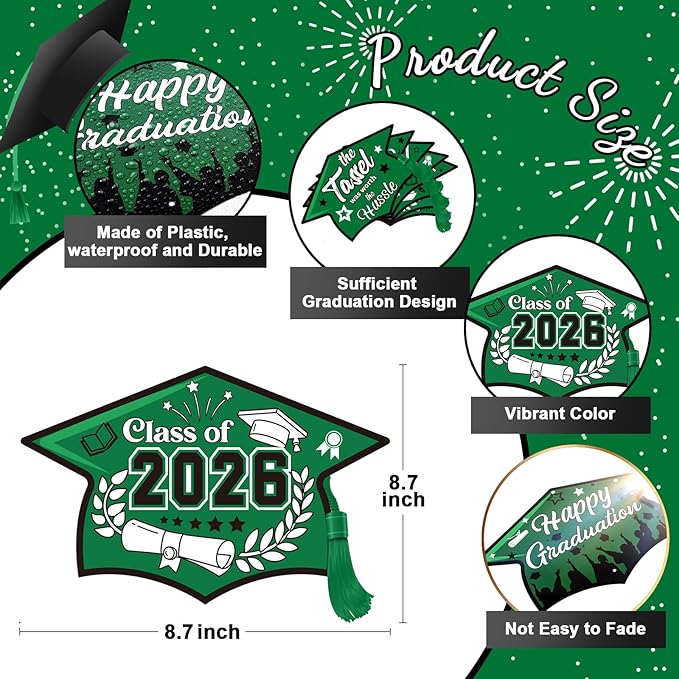 Chunful 12 Pack Graduation Yard Signs Grad Decoration 2026 Happy Graduate Lawn Garden Sign with Stake Congrats Outdoor Plastic Cap Hanging Ornament for Class Pathway Walkway Porch Party(Green)