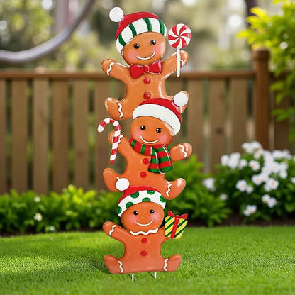 Cute Gingerbread Christmas Decorations Outdoor, Metal Christmas Decor Garden Art, Detachable 3 pcs Gingerbreads Stakes Lawn Ornaments, Christma Gnomes Yard Art Decorations Gift Porch Outside