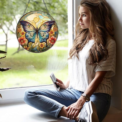Rngmsi Butterfly Stained Glass Window Hanging Decor, 7.8″ Sun Catchers Stain Glass Window Hanging Indoor, Flower Suncatcher with Hook Home Wall Art Gift for Thanksgiving Christmas Housewarming