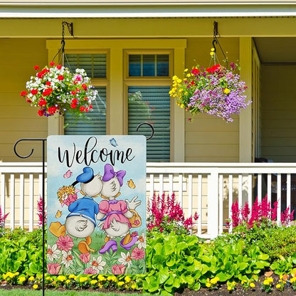 Dyrenson Welcome Spring Summer Cartoon Duck Decorative Garden Flag, Daffodil Daisy Floral Flower Butterfly Yard Outside Home Decorations, Seasonal Burlap Outdoor Small Decor Double Sided 12 x 18