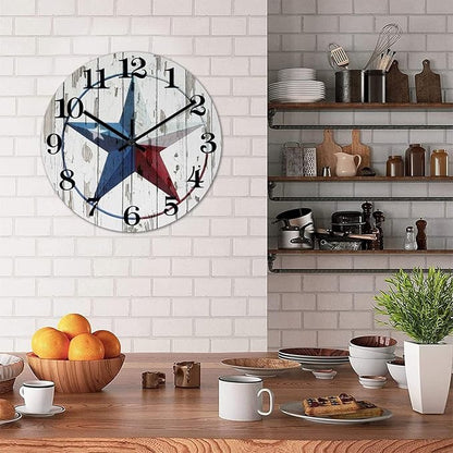 Country Wall Clock Western Texas Star Antique Wood Clock Non-Ticking Quiet Battery Operated with Large Numbers Stylish Desk Clock for Farmhouse Patio Living Room Decor 12 Inch