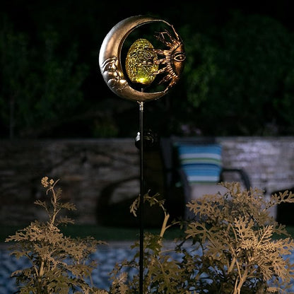Exhart Garden Stake, Sun and Moon Solar Garden Sculpture, LED Amber Crackle Glass Orb, Silver Metal Outdoor Lawn Decor and Yard Art, 8.5 x 3 x 38 Inch