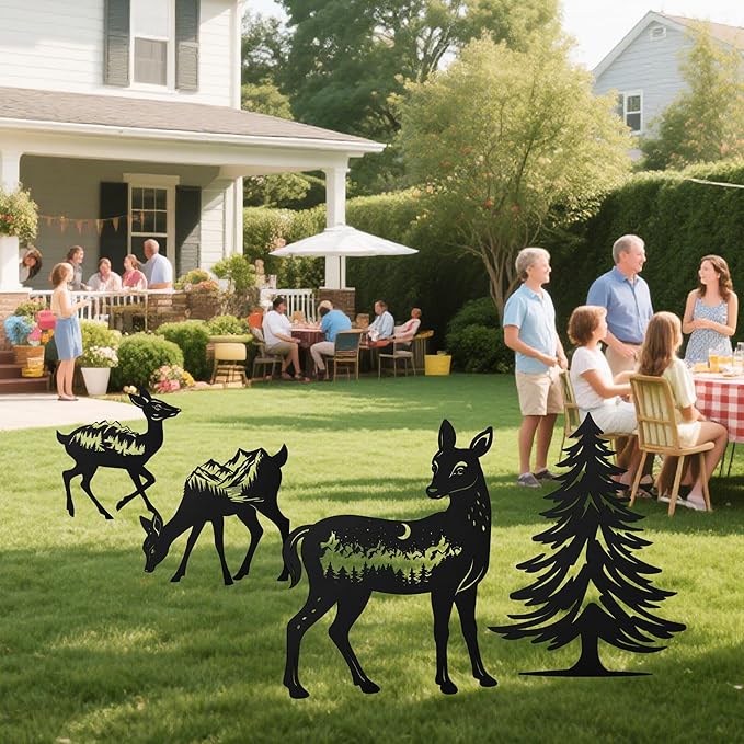 Romart Deer and Pine Tree Decorative Garden Stakes, 4 Pcs Forest Silhouette Metal Garden Stakes for Outdoor Yard Lawn Decor, Christmas for Nature Lovers