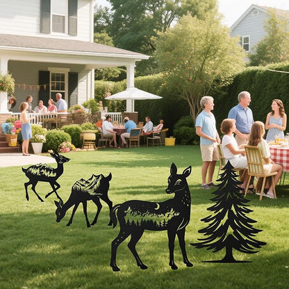 Romart Deer and Pine Tree Decorative Garden Stakes, 4 Pcs Forest Silhouette Metal Garden Stakes for Outdoor Yard Lawn Decor, Christmas for Nature Lovers