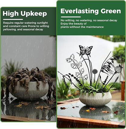 Decorative Metal Flowers for Outside, Rustic Metal Garden Stakes for Potted Plants, Metal Plants Outdoor Decor Vintage Rust Finish, Gift-Boxed Nature Meadow Garden Decor (Black_Butterfly Meadow Set)