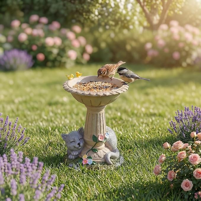Lyeasw Cat Statue Garden Decor with Bird Feeder Outdoor Yard Decor – Weatherproof Resin Outdoor Patio Porch Lawn Art – Unique Birthday Gifts for Bird Lovers Mom Grandma Women