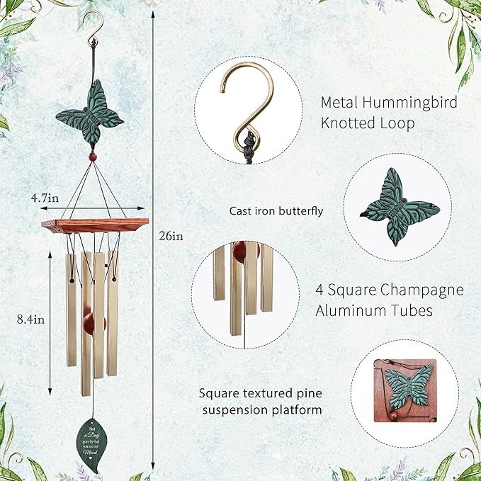 ASTARIN Cardinal Memorial Wind Chimes, Personalized 26" Small Metal Symphthy Wind Chime, Bereavement Gift for Loss of Loved One Father Mother, Dragonflie Damselflie Decor for Outside Patio Garden