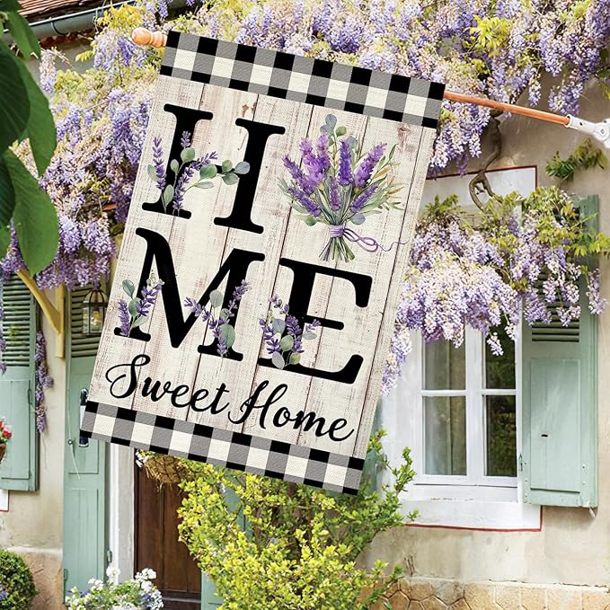 ORTIGIA Spring Summer House Flag 28 x 40 Inch Double Sided Burlap Home Sweet Home Purple Lavender Floral Flower Flag Yard Holiday Outdoor Outside Wedding Anniversary Decoration (Large)