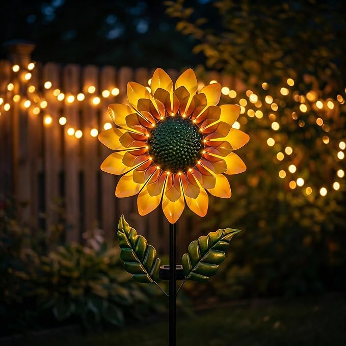 Sunflower Solar Wind Spinners for Yard and Garden - 52" Metal Windmill Ligths with LED Wind Sculptures with Stake for Lawn Patio Decor