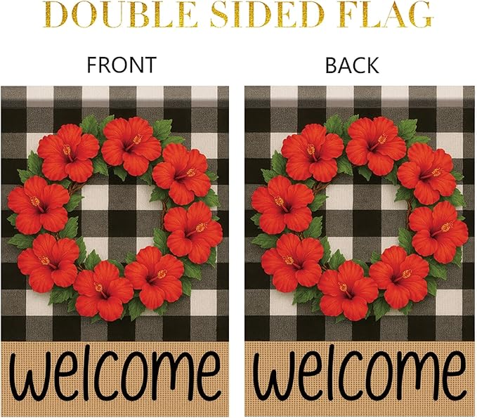 Buffalo Plaid Welcome Wreath Garden Flag Red Hibiscus Flower Red Floral Flag 12x18 Double Sided Tropical Floral Yard Decor for Spring Summer Outdoor Porch Patio Lawn Farmhouse
