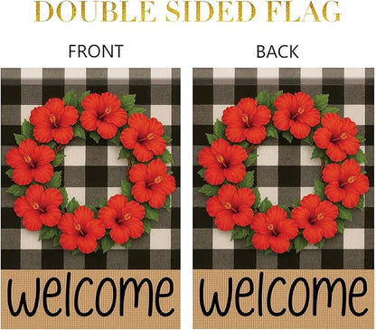 Buffalo Plaid Welcome Wreath Garden Flag Red Hibiscus Flower Red Floral Flag 12x18 Double Sided Tropical Floral Yard Decor for Spring Summer Outdoor Porch Patio Lawn Farmhouse