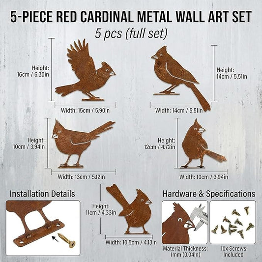 5PCS Rusty Metal Cardinal Silhouettes Outdoor Garden Statues, Rustic Bird Yard Art for Fence Patio, Spring Garden Ornaments (Vintage Rusted Finish, Not Defects)