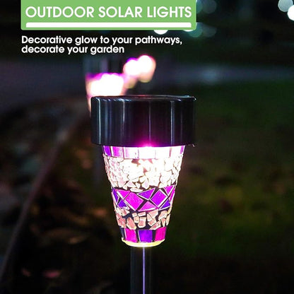 6-Pack Solar Mosaic Border Lawn Garden Lights, LED Mosaic Stake Lights Pathway Landscape Lighting for Patio Walkway Driveway Outdoor Christmas Garden Home Decoration (Purple)