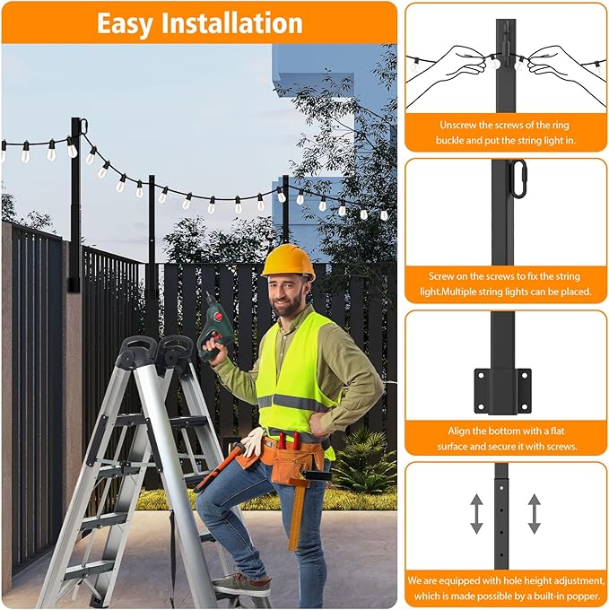 LETIANPAI 2.8Ft String Light Poles 4 Pack,Light Poles for Outside Lights,Outdoor with Fence Brackets Hanging Lights,Metal Stand Deck Patio Backyard