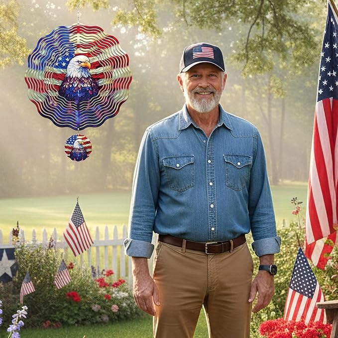 American Eagle Wind Spinner - 3D Stainless Steel Wind Spinners Outdoor Flag Pattern Kinetic Art Spinning Decor 12 Inch 250 Anniversary Hanging Ornaments for Patio Lawn Garden Yard Balcony