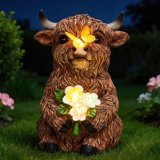 Solar Highland Cow Outdoor Statue, Garden Sculpture with Lighted Butterfly & Flowers Decor, Highland Cow Figurine for Patio Yard Lawn Ornaments for Birthday