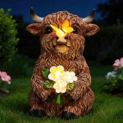 Solar Highland Cow Outdoor Statue, Garden Sculpture with Lighted Butterfly & Flowers Decor, Highland Cow Figurine for Patio Yard Lawn Ornaments for Birthday