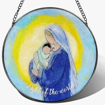 8'' Virgin Mary and Jesus Religious Ornament, Stained Glass Window Hanging, Sun Catcher Window Decor, Christian Holiday Decor, Gifts for Christmas, Christian Gift, Religious Gift
