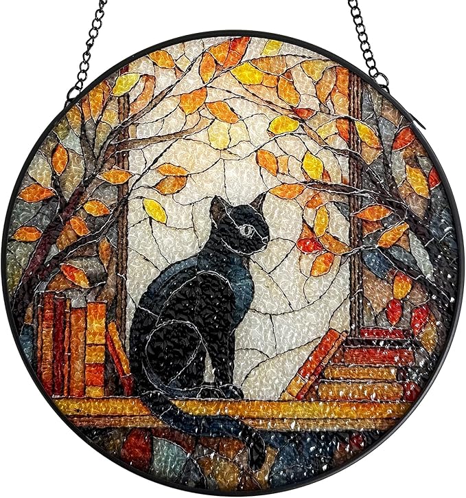 Black Cat Stained Glass Window Hanging Suncatcher, Fall Leaves & Bookshelf Sun Catchers Art Decor Ornament for Home Garden Farmhouse, Birthday Gift for Cat Lovers Mom Women Nana, 7.8 Inch