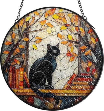 Black Cat Stained Glass Window Hanging Suncatcher, Fall Leaves & Bookshelf Sun Catchers Art Decor Ornament for Home Garden Farmhouse, Birthday Gift for Cat Lovers Mom Women Nana, 7.8 Inch