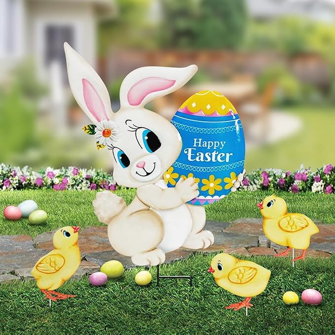 Easter Decorations Outdoor,4 Pack Metal Egg Bunny Yard Signs for Outside,Cute Easter Chick Decorations Garden Stakes for Lawn,Yard,Rabbit Gifts for Women