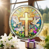Cross and Wildflowers Stained Glass Suncatcher, 8 Inch Christian Stained Glass Windows Hanging, Flower Cross Gift for Religious, Christian Gifts, Easter Faith Home Decor