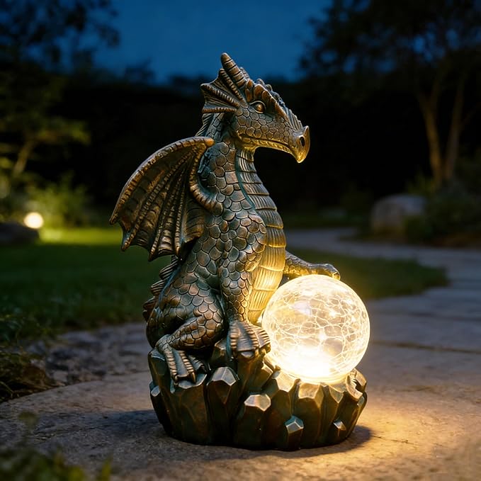 JOYBEE Dragon Solar Garden Statues Outdoor Decoration with Magic Orb,Dragon Figurine Solar LED Lights Lawn Décor,Outside Statue Ornament for Patio, Balcony, Yard,Unique Gifts for Mom Grandma