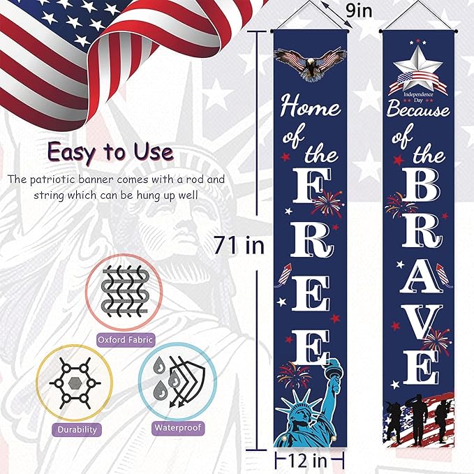 4th of July Patriotic Banner Decor - Independence Day Porch Sign - Memorial Day Hanging Banners Porch Decorations for Front Door Outside Yard Garden Party Supplies