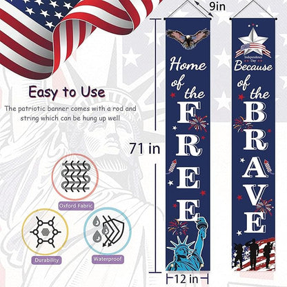 4th of July Patriotic Banner Decor - Independence Day Porch Sign - Memorial Day Hanging Banners Porch Decorations for Front Door Outside Yard Garden Party Supplies