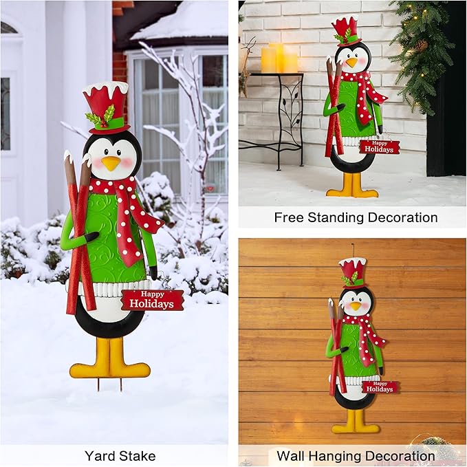 Glitzhome 36" H Metal Penguin Yard Stake, Garden Penguin Sign Christmas Ornaments Garden Stakes Lawn Patio Decor for Outdoor Stake Indoor Standing Hanging Decorations